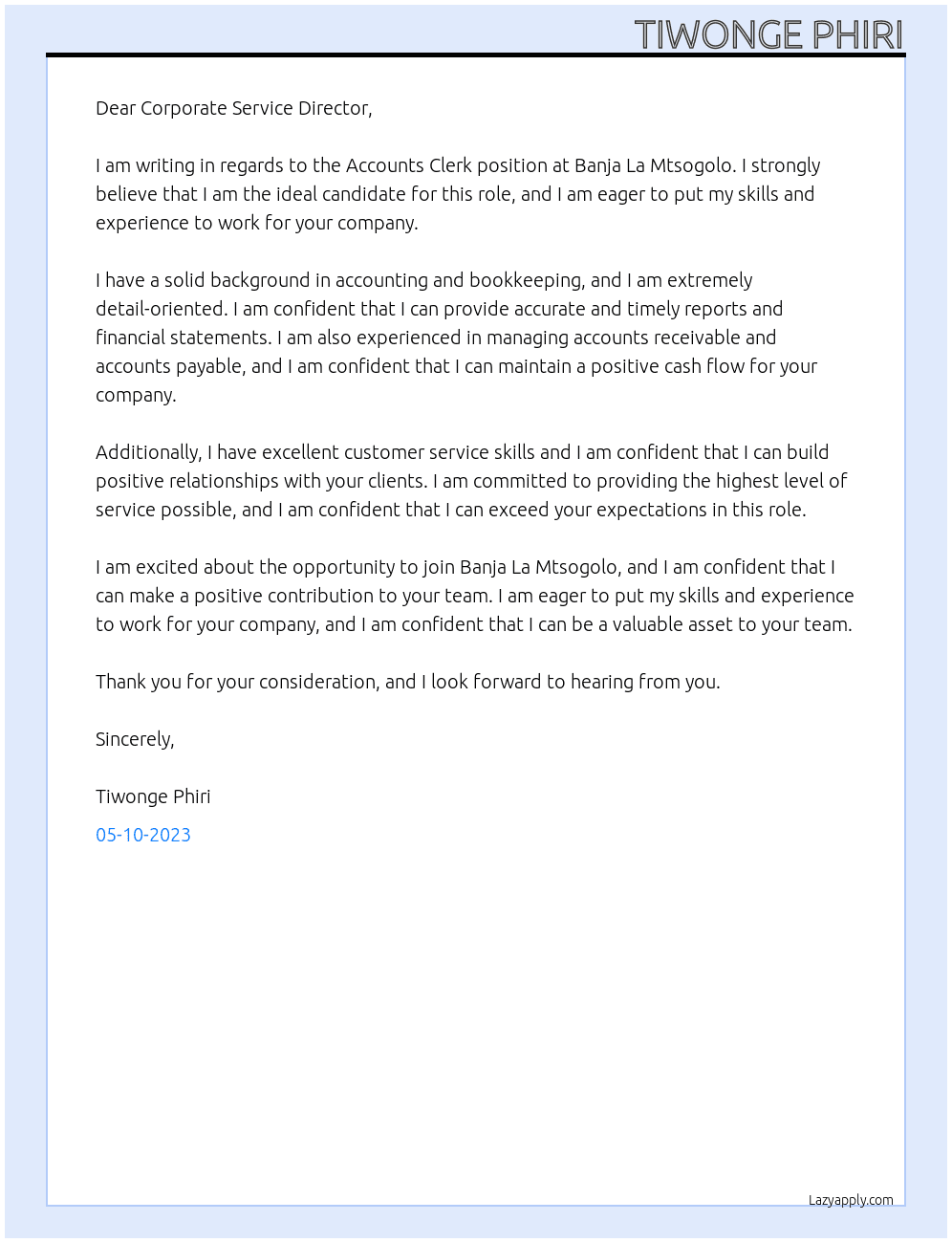 Accounts Clerk At Banja La Mtsogolo Cover Letter