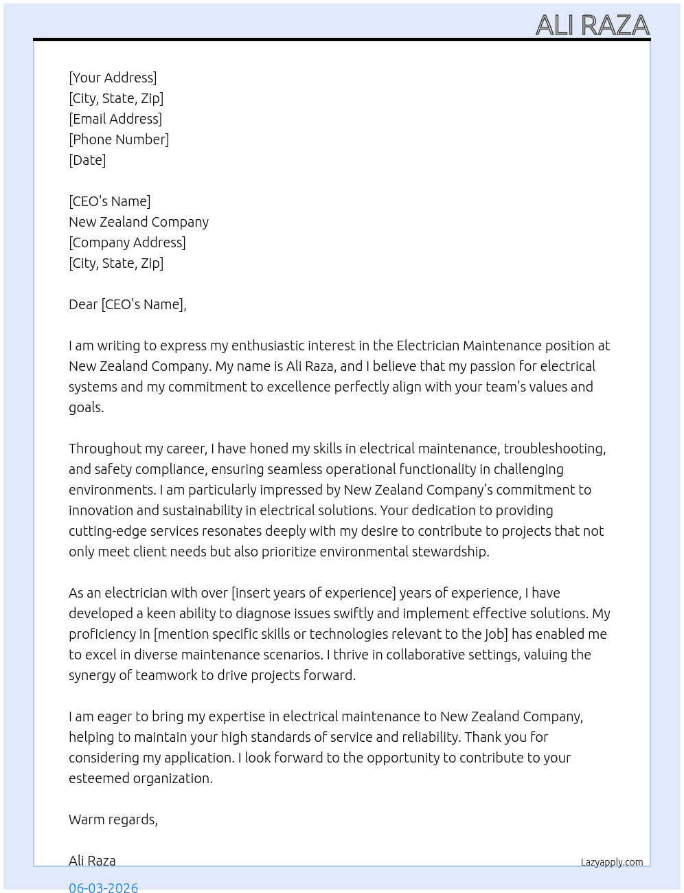 Electraion maintenance  At New Zealand company  Cover Letter