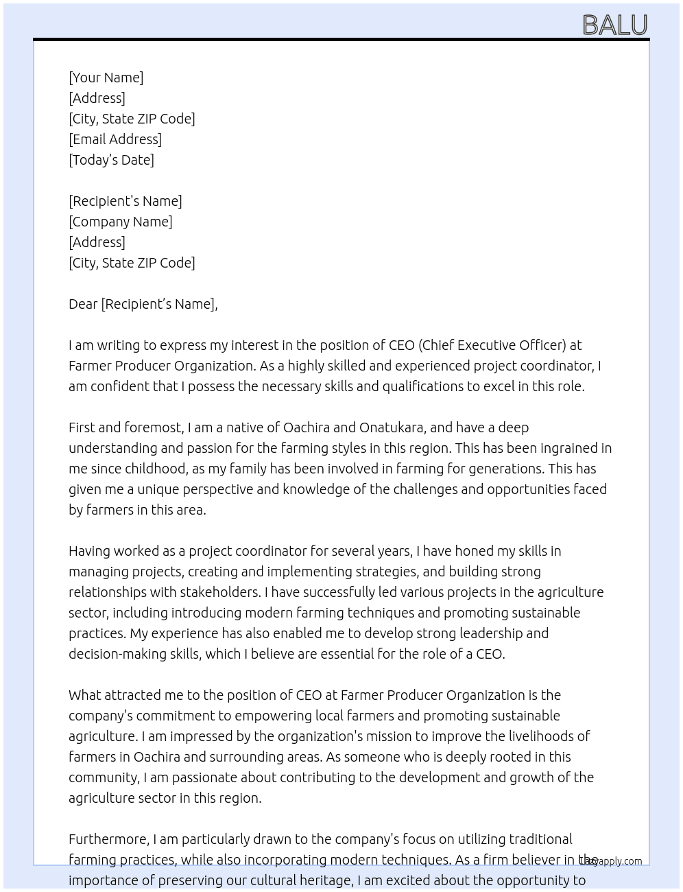 CEO (Chief Executive Officer) At Farmer Producer Organization Cover Letter