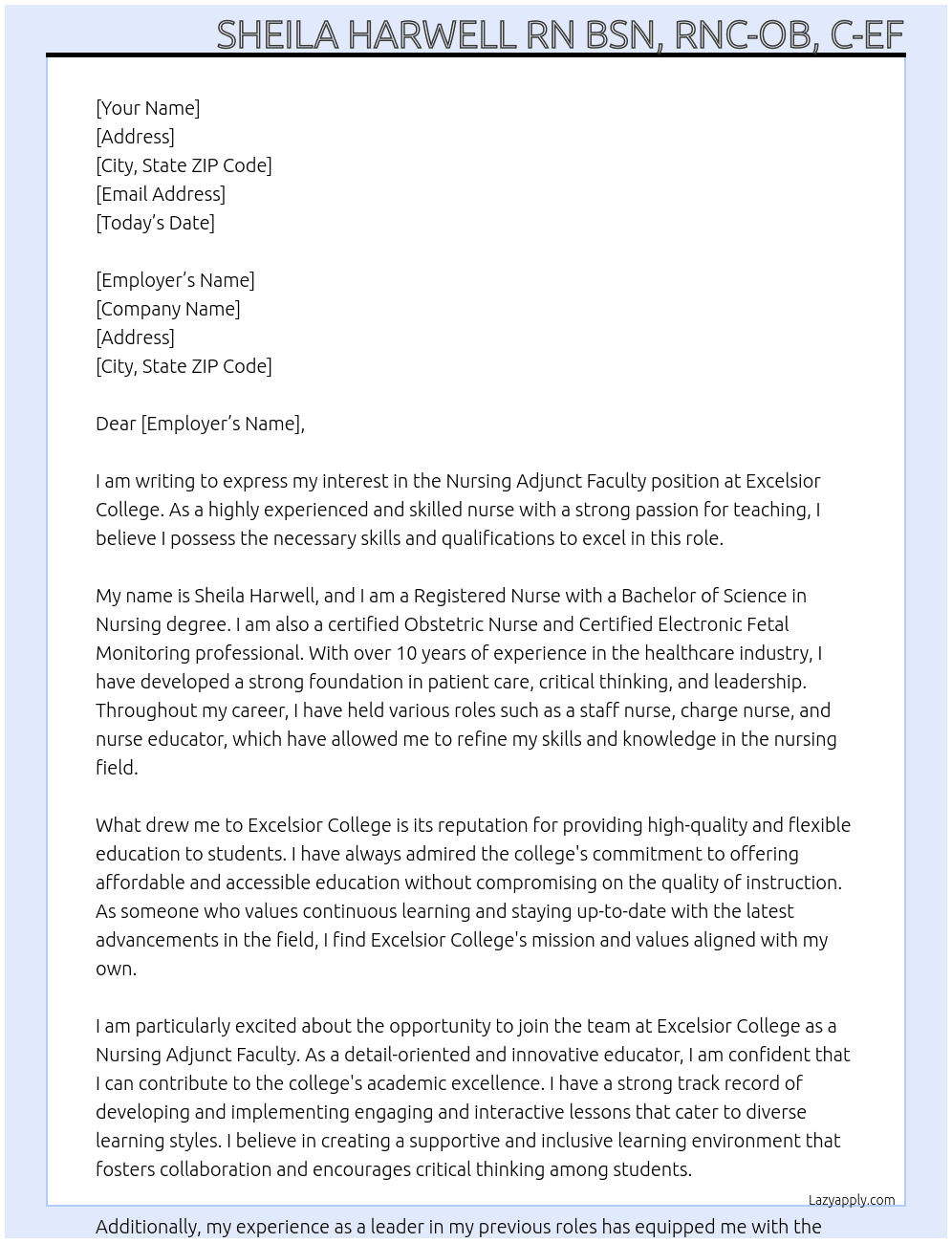 Nursing Adjunct Faculty At Excelsior College Cover Letter