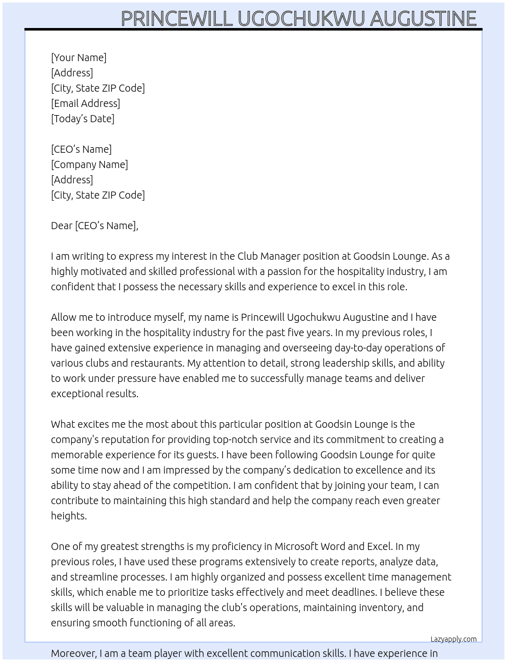 Club manager  At Goodsin Lounge Cover Letter