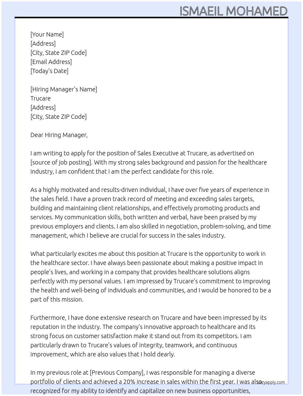 Sales Executive At Trucare Cover Letter