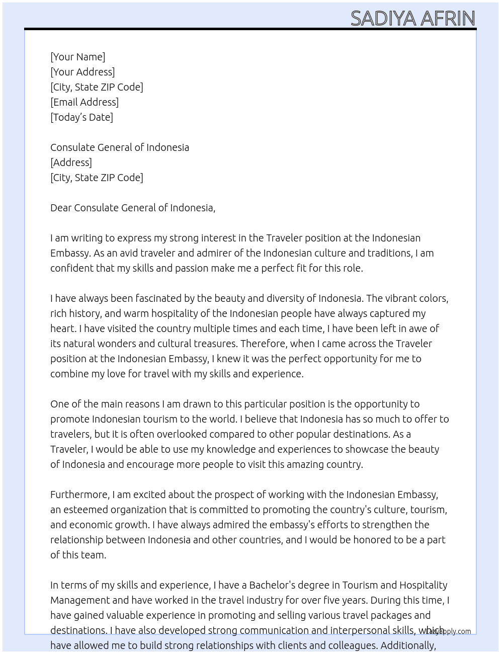 TRAVELER At Indonesian Embassy  Cover Letter