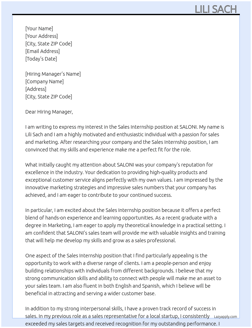 Sales Internship At SALONI Cover Letter