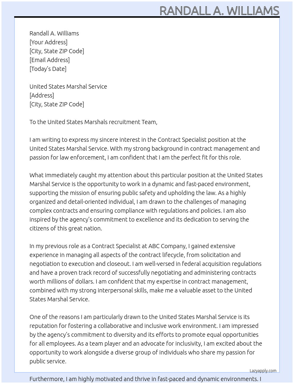 Contract Specialist At United States Marshal Service Cover Letter