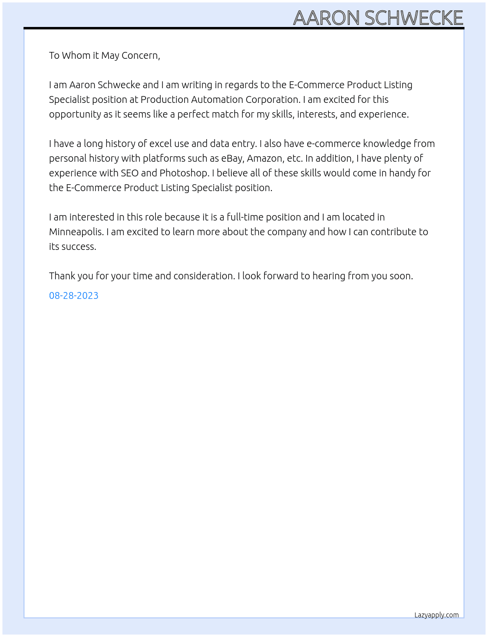 E-Commerce Product Listing Specialist At Production Automation Corporation Cover Letter