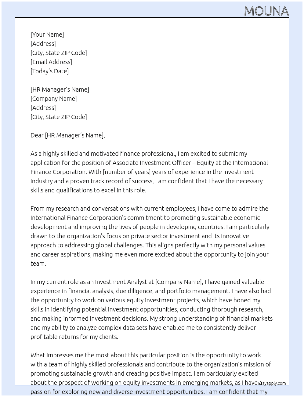 Associate Investment Officer - Equity At International Finance Corporation Cover Letter