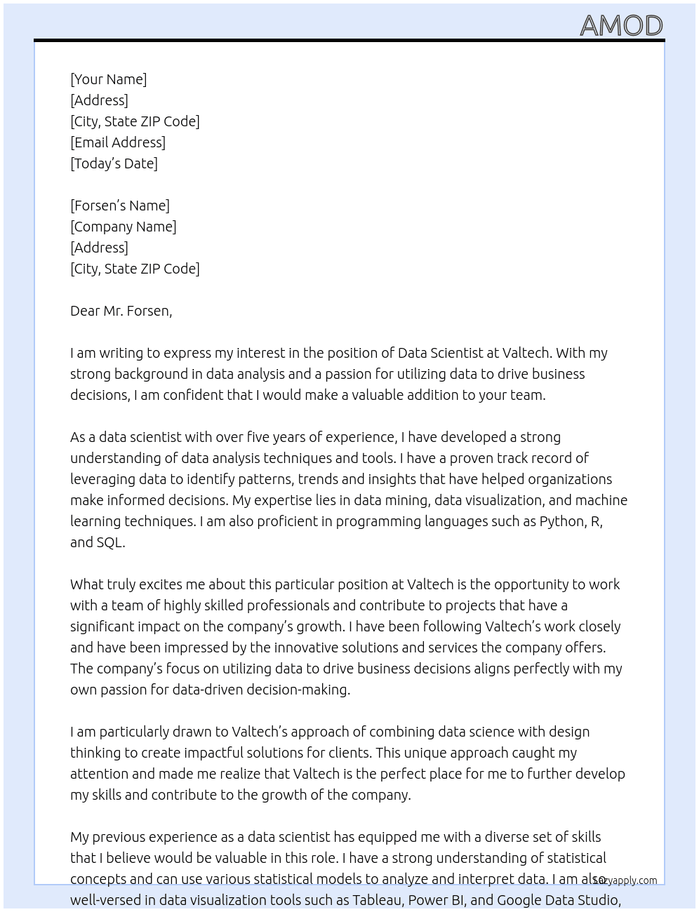 Data Scientist At Valtech Cover Letter