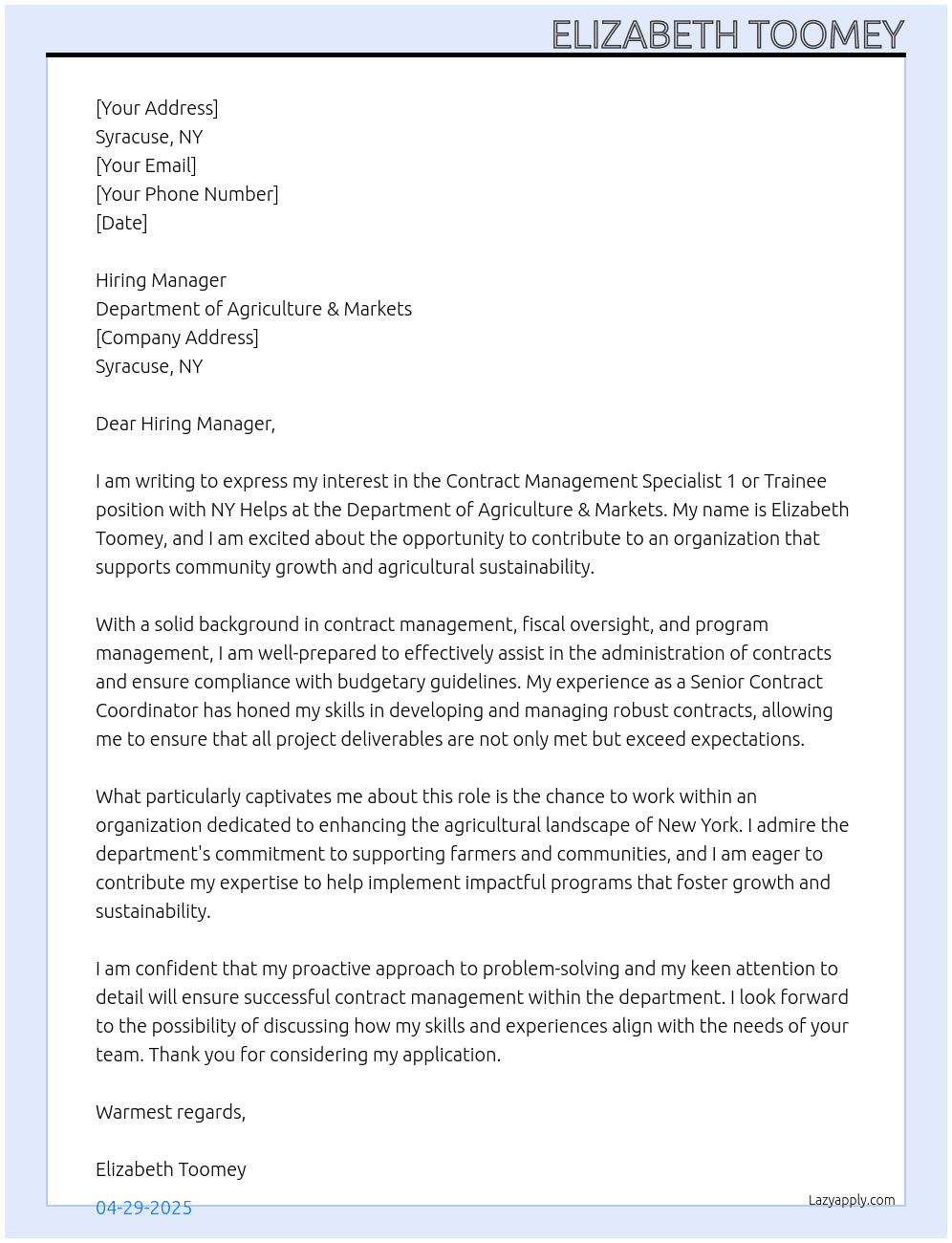 Contract Management Specialist 1 or Trainee (NY Helps)   At Department of Agriculture $ Markets  Cover Letter