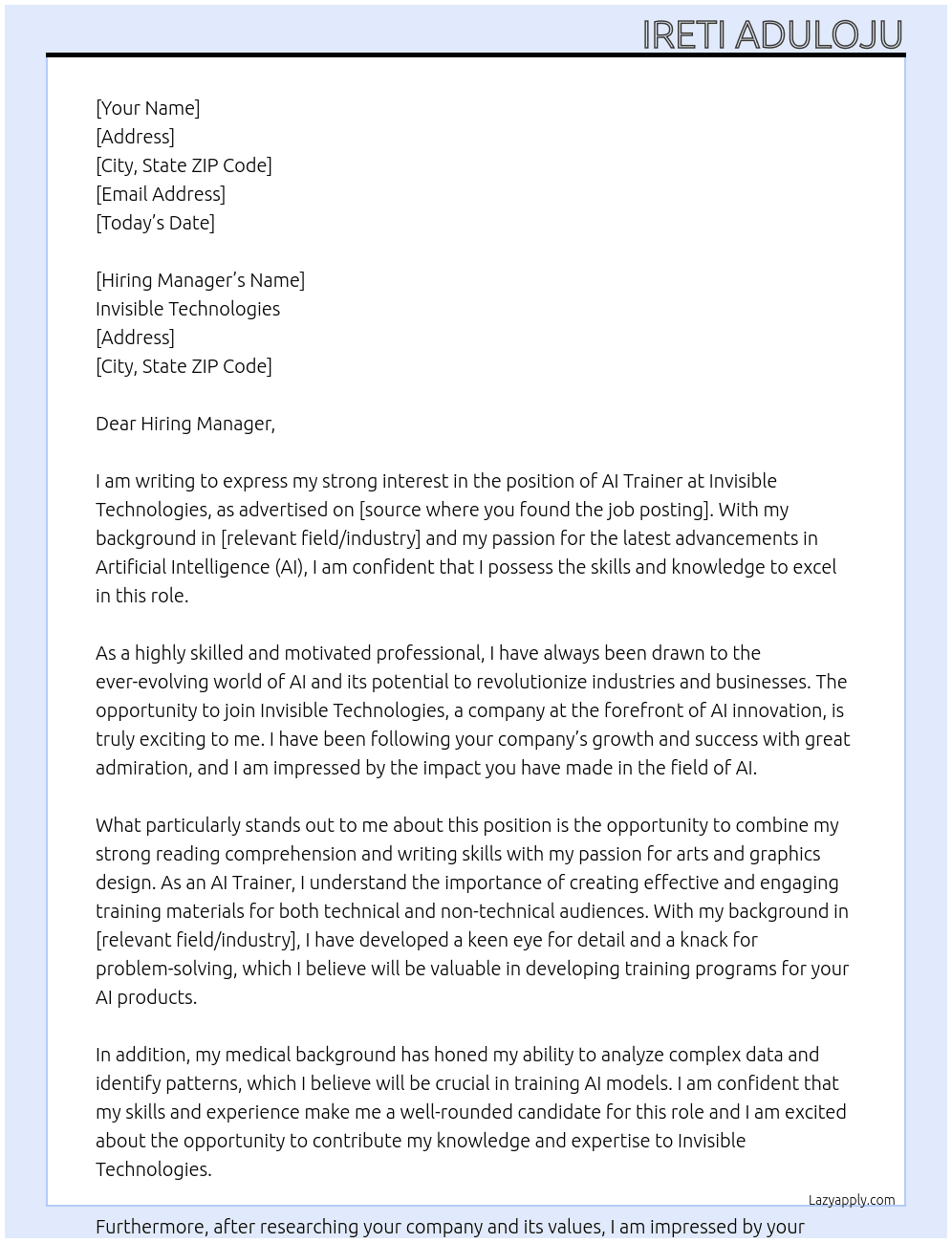 AI trainer At Invisible technologies Cover Letter