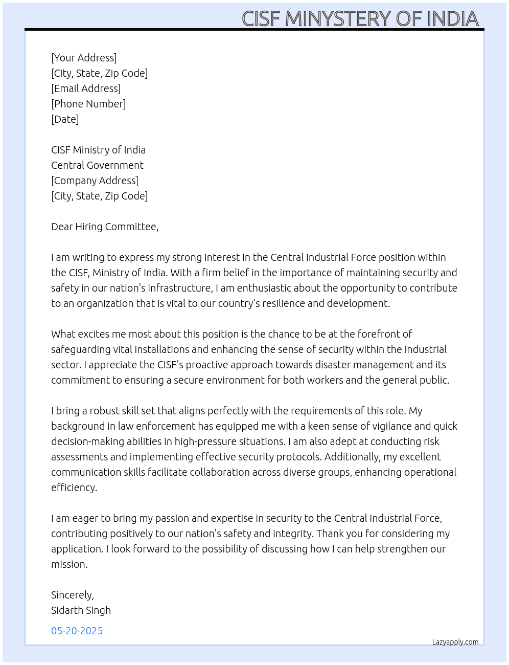 Central industrial force At Central government  Cover Letter