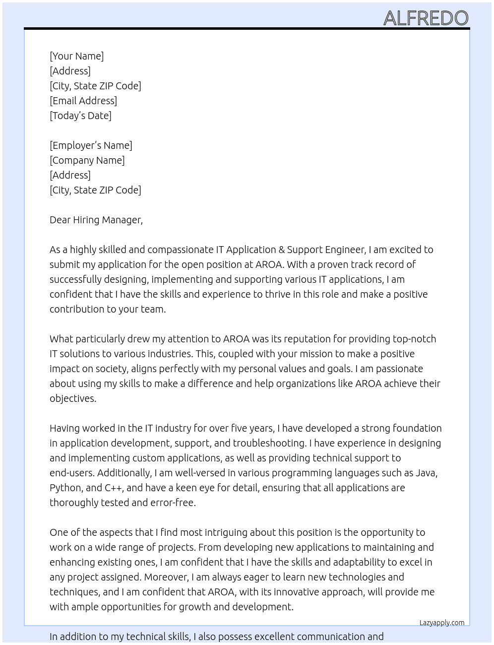IT Application & Support Engineer At AROA Cover Letter