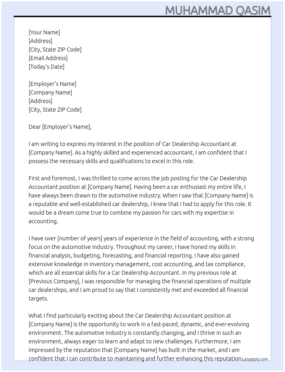 car dealership accountant At car dealer Cover Letter