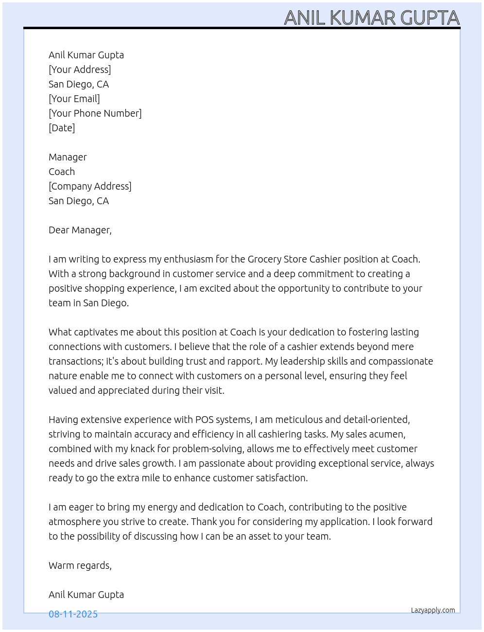 Grocery Store Cashier At Coach Cover Letter