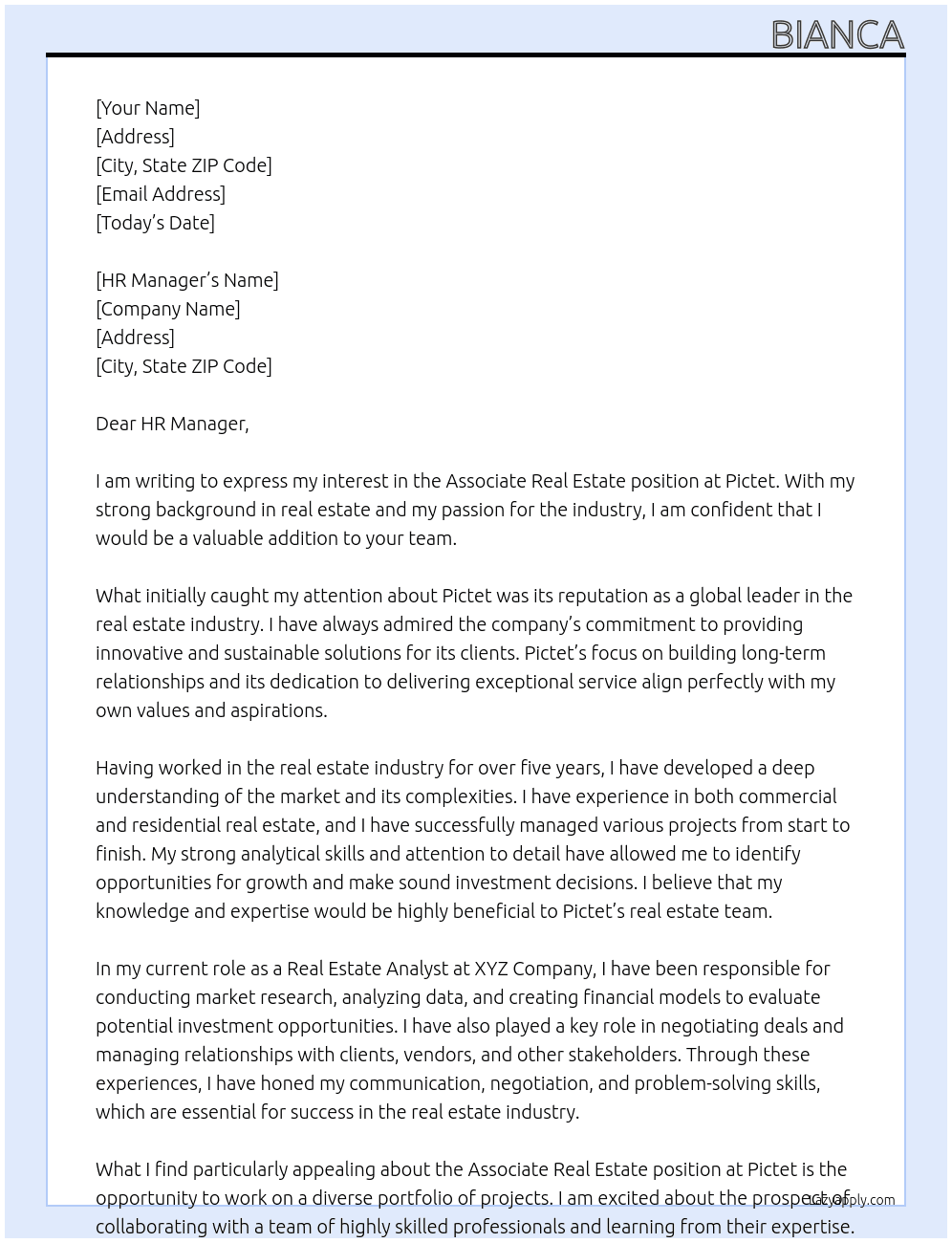 Associate Real Estate At Pictet Cover Letter