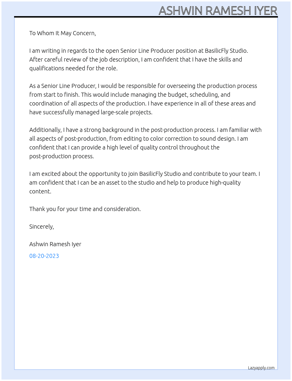 Senior Line Producer At BasilicFly Studio Cover Letter