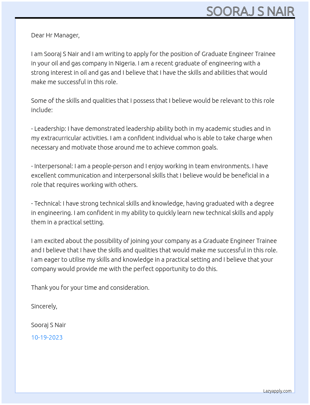 Graduate engineer trainee At Oil and gas company in Nigeria Cover Letter