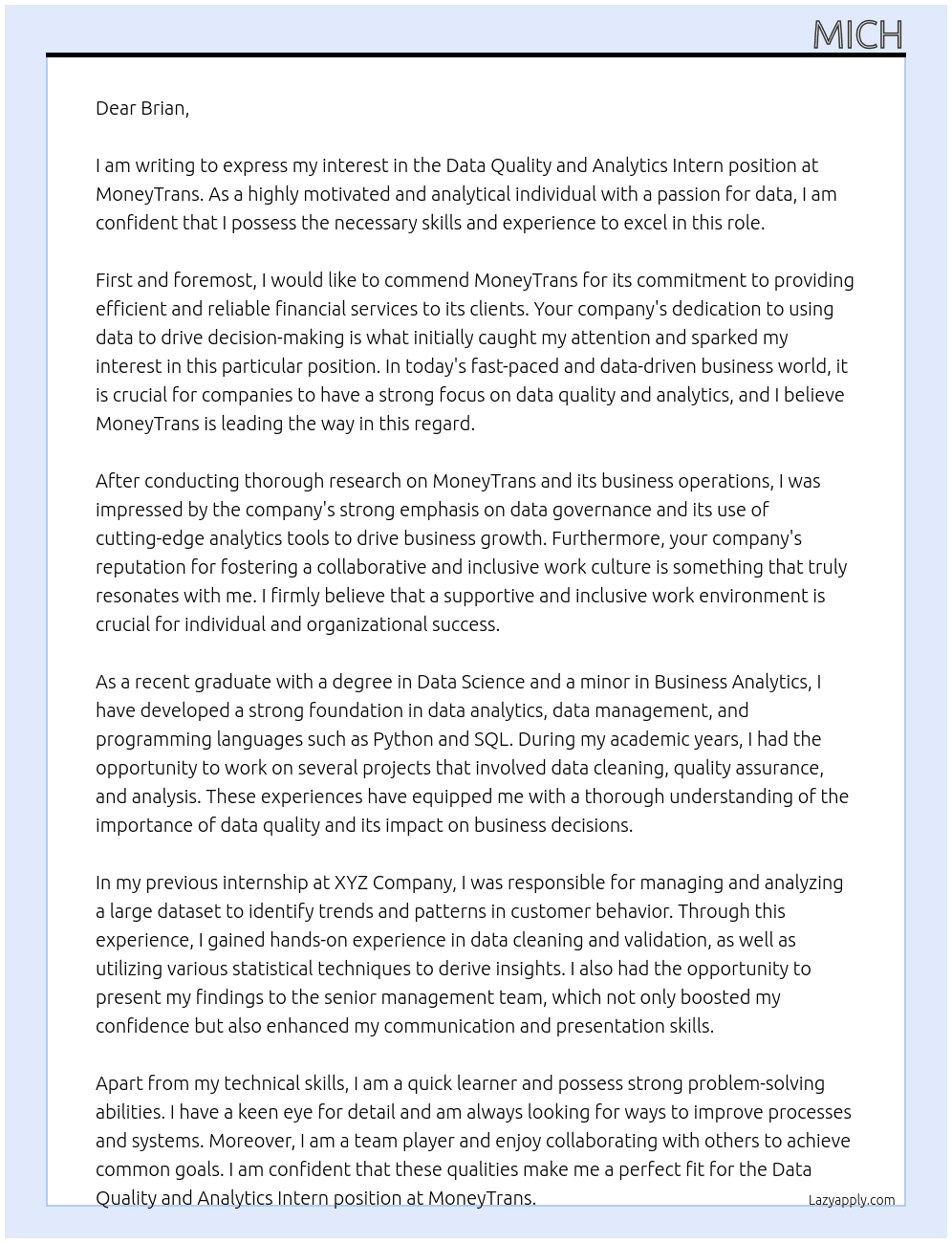 Data Quality and Analytics Intern At MoneyTrans Cover Letter