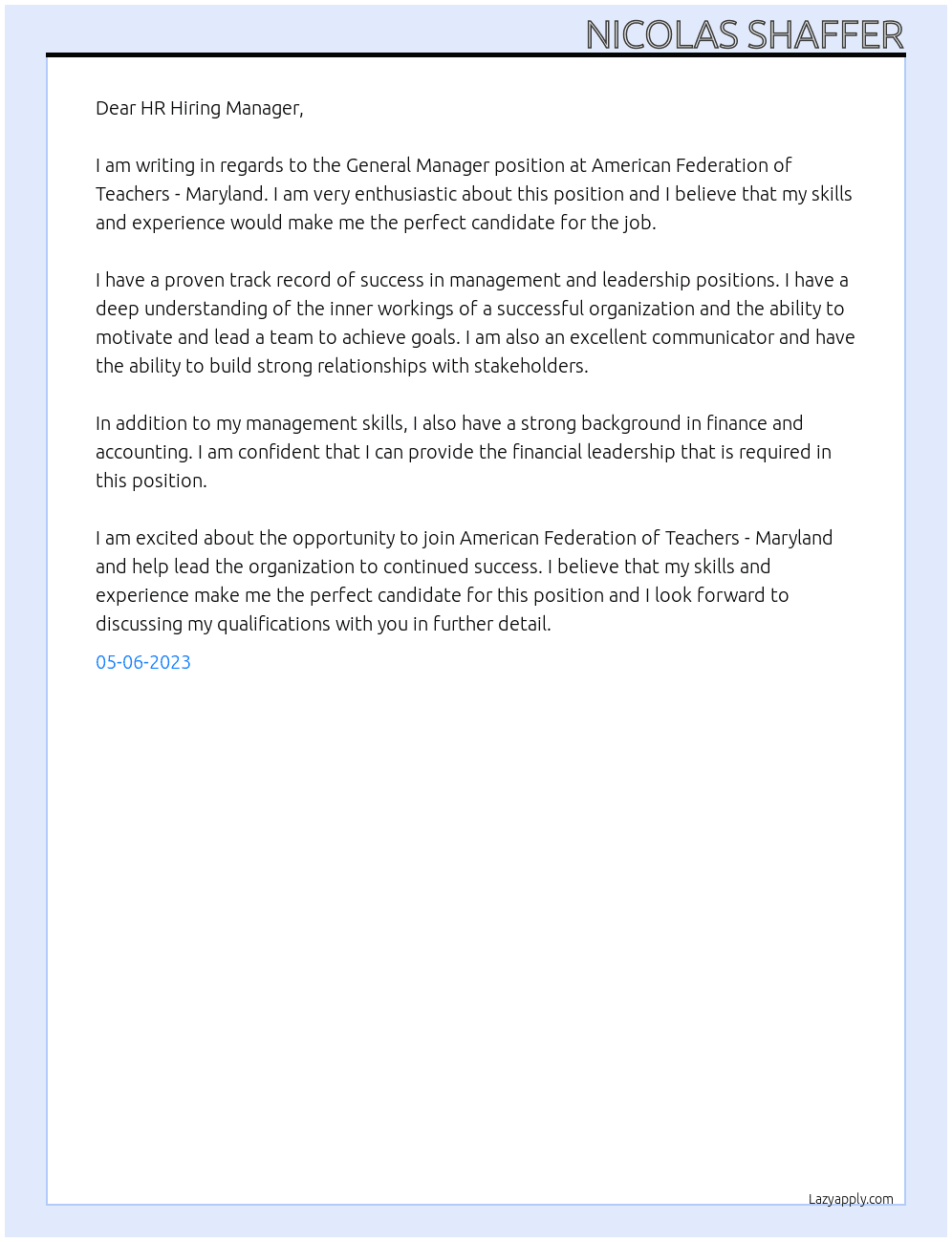 General Manager At American Federation of Teachers - Maryland Cover Letter