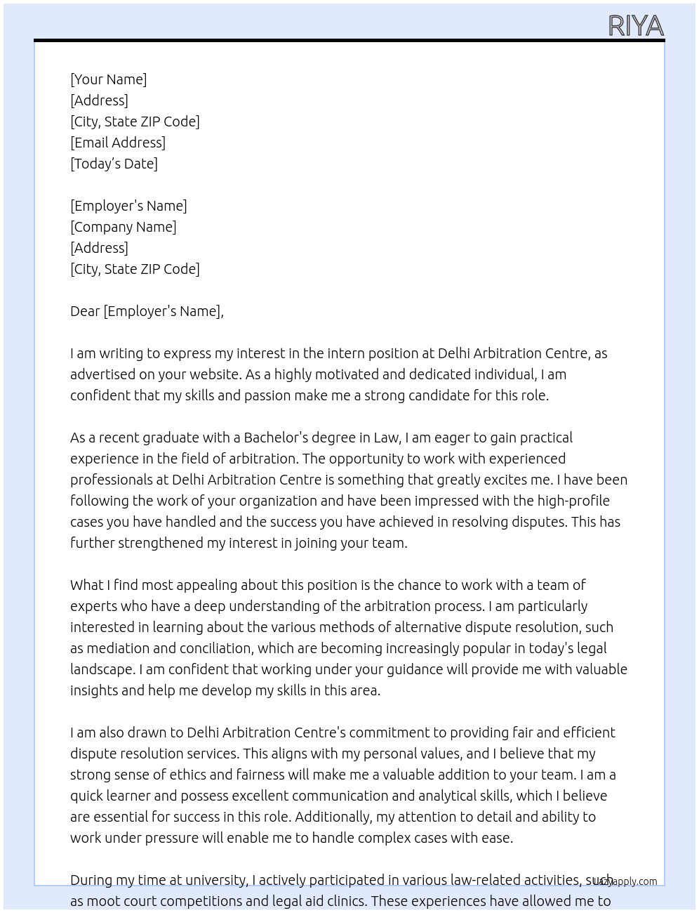 intern At delhi arbitration centre Cover Letter