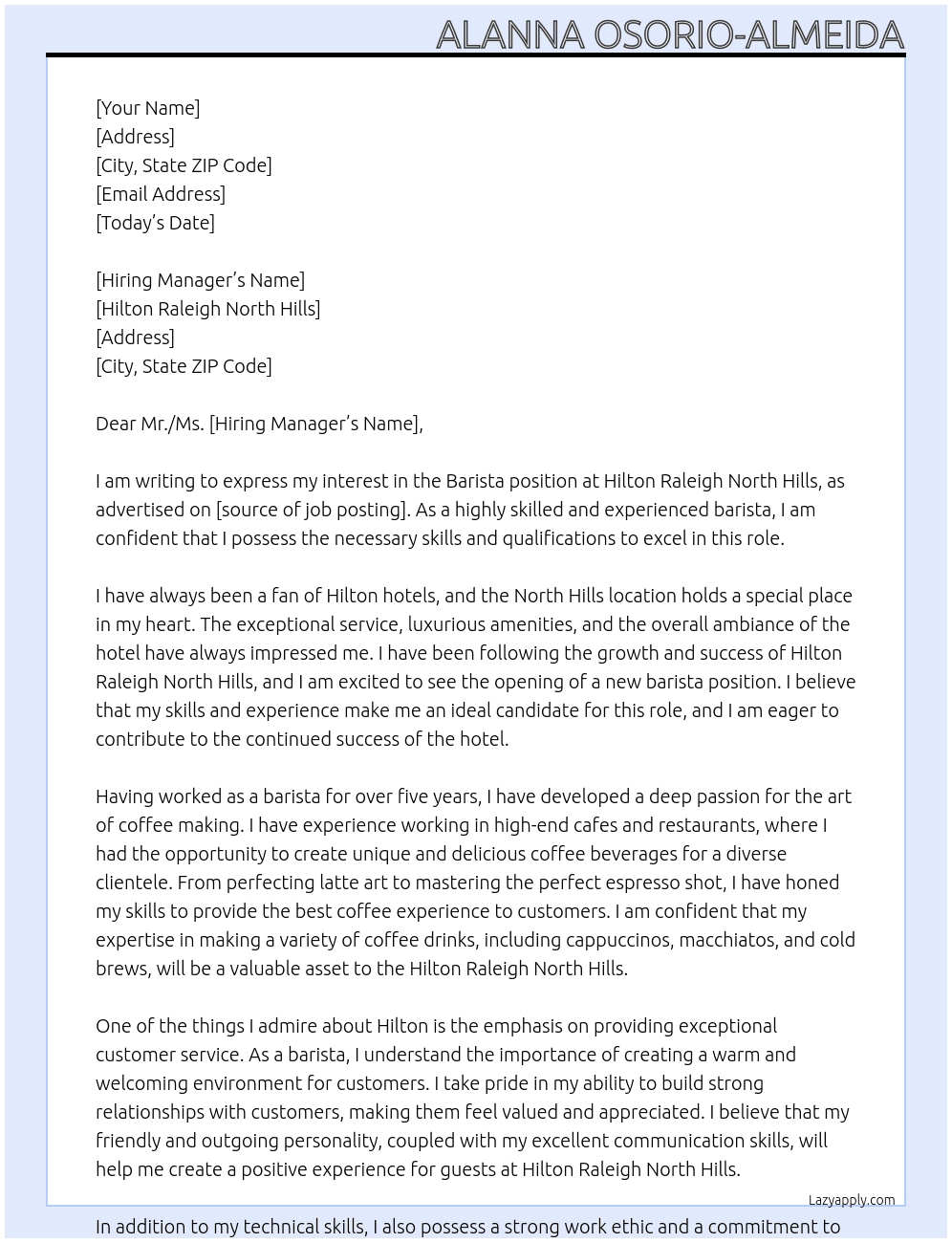 barista At Hilton Raleigh North Hills Cover Letter