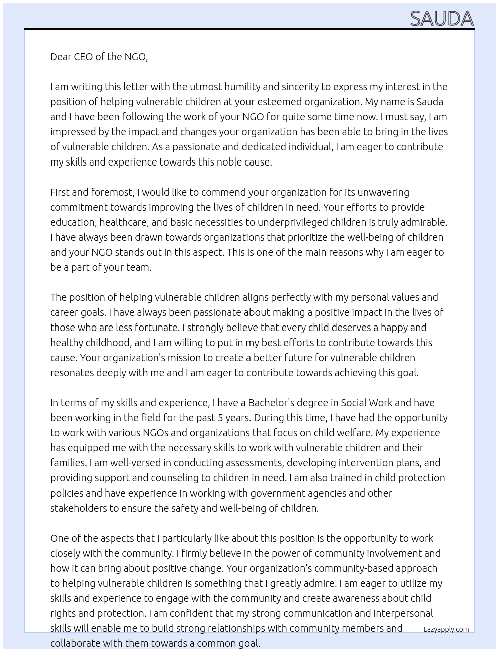 Cover letter for helping vulnerable children - LazyApply