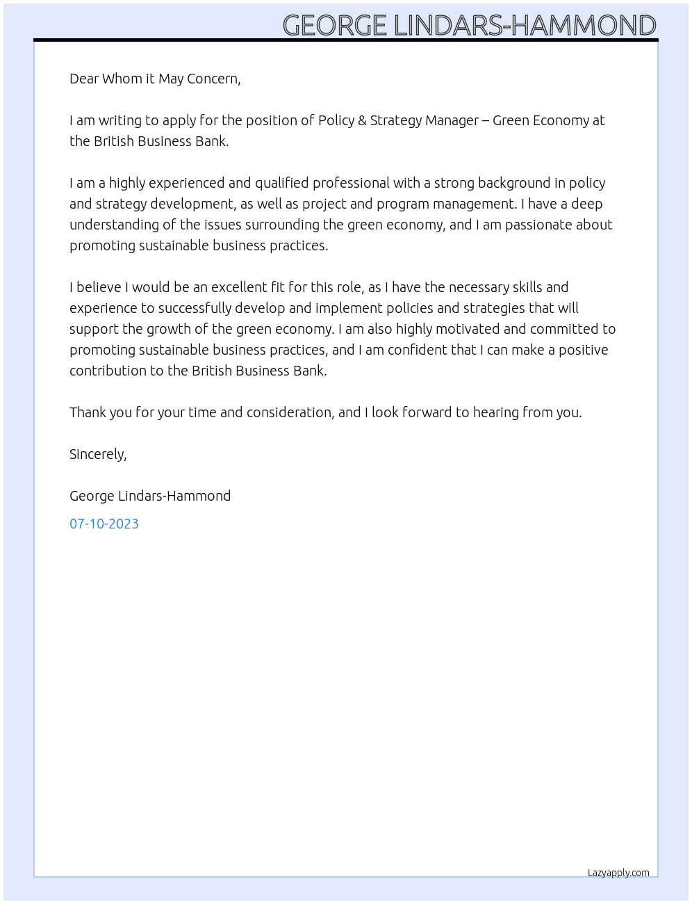 Policy & Strategy Manager – Green Economy At British Business Bank Cover Letter