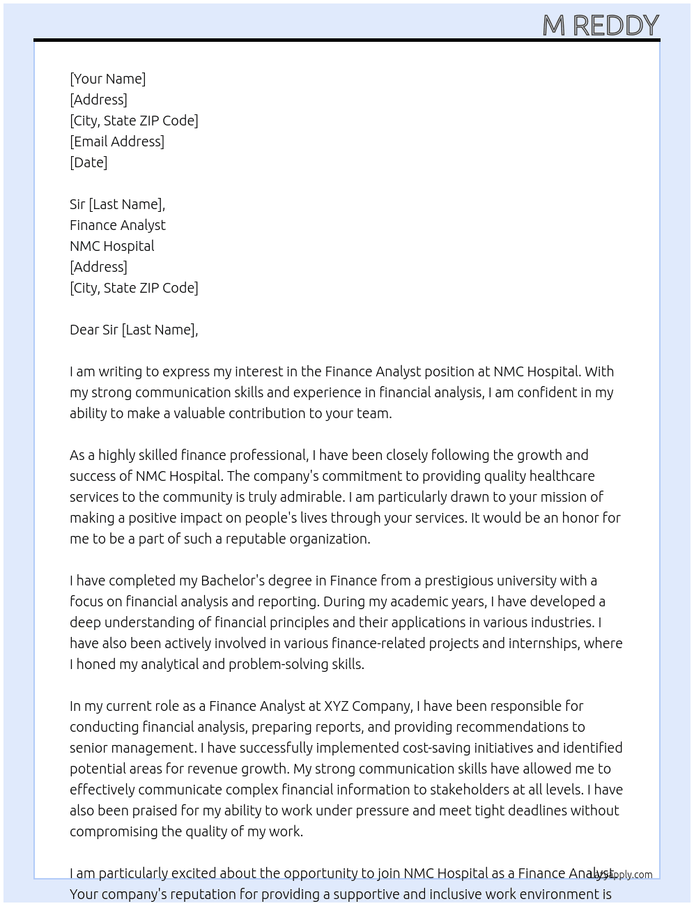 Finance analyst  At NMC Hospital  Cover Letter