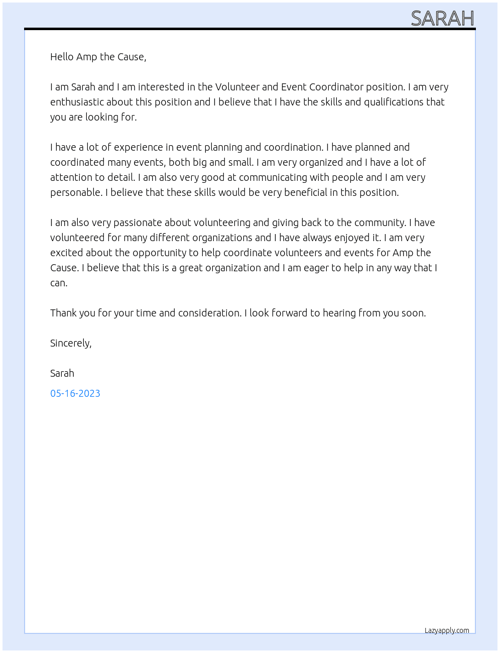 Volunteer and Event Coordinator At Amp the Cause  Cover Letter