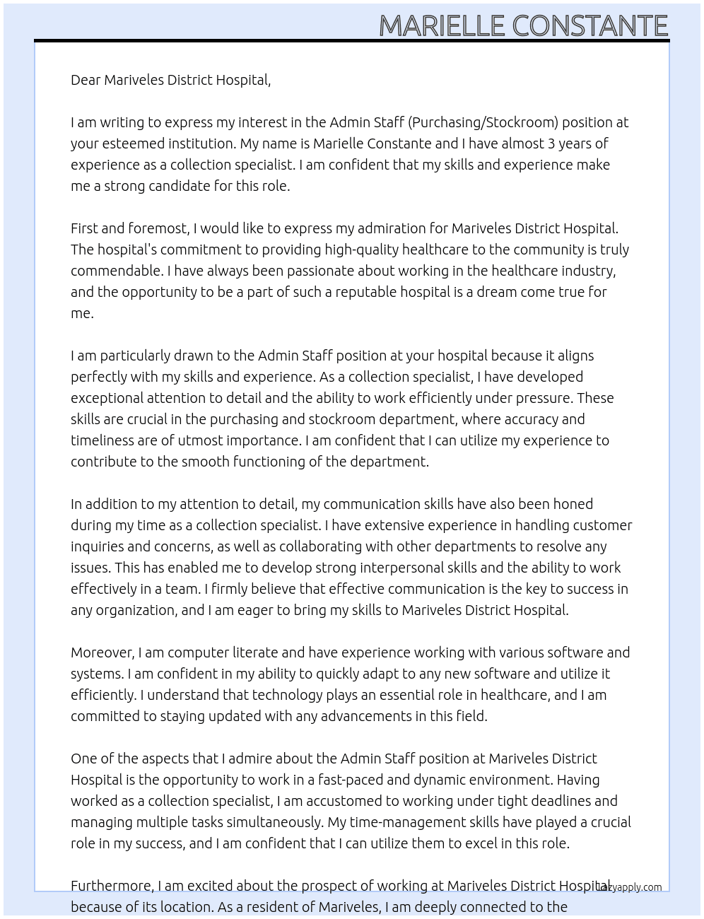Admin Staff(Purchasing/stockroom) with experience as a collection specialist for almost 3 years At Mariveles District Hospital Cover Letter