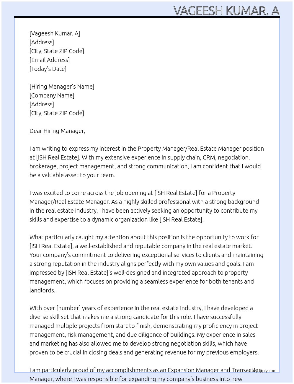 PROPERTY MANAGER / REAL ESTATE MANAGER At ISH Real Estate  Cover Letter