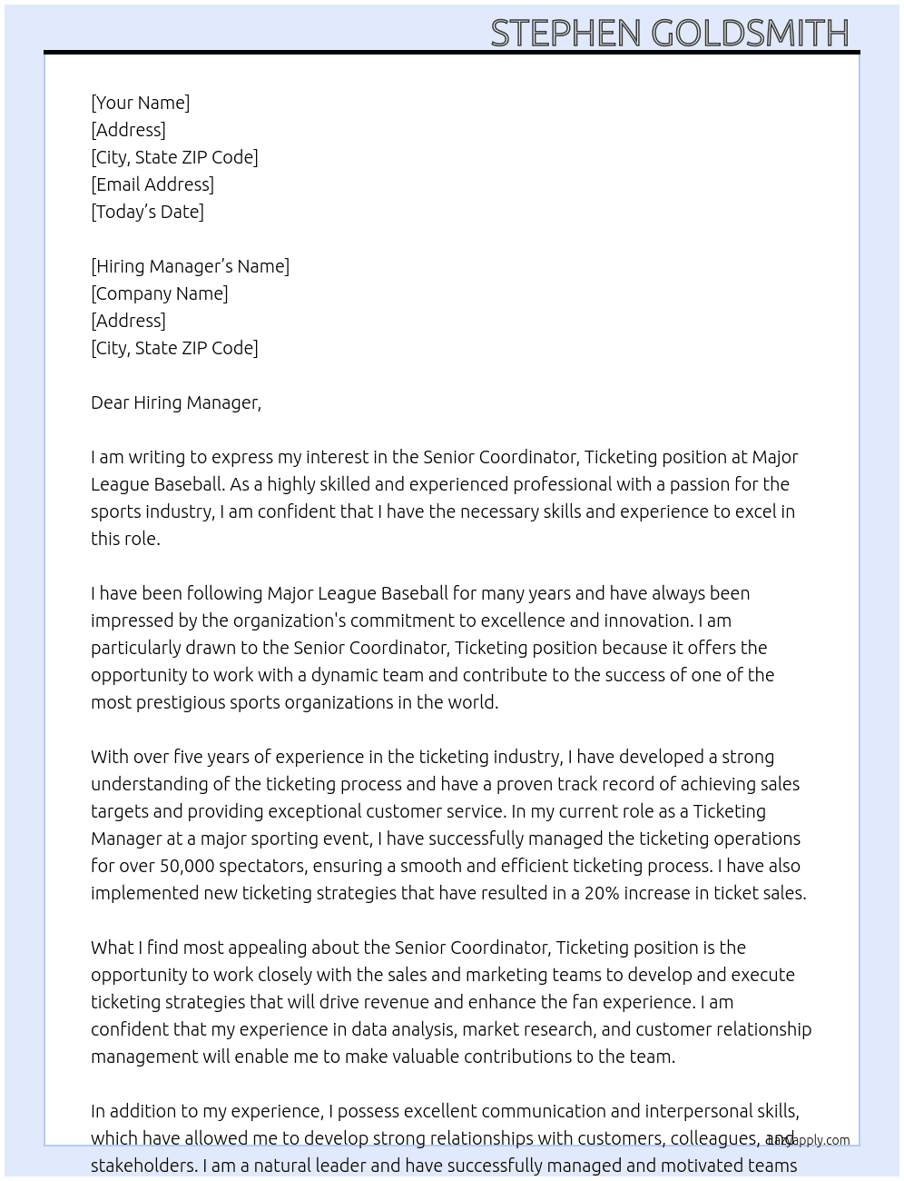 Senior Coordinator, Ticketing At Major League Baseball Cover Letter