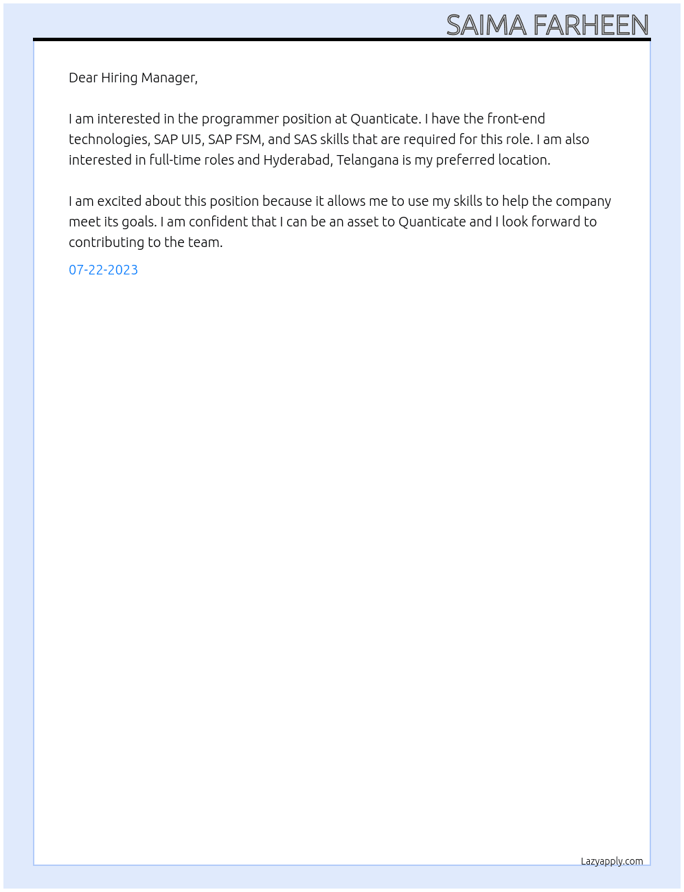 Programmer At Quanticate Cover Letter
