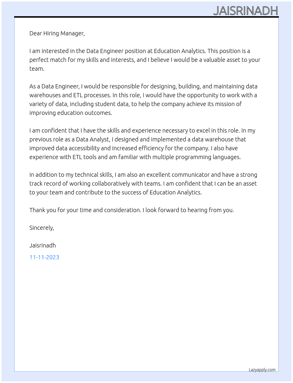 Data Engineer At Education Analytics Cover Letter