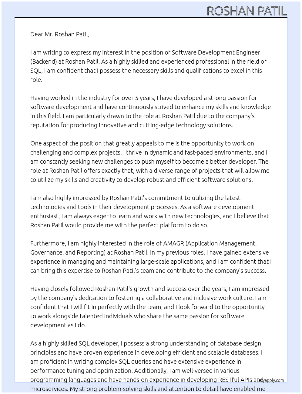 Software Development Engineer (Backend) At Roshan Patil Cover Letter