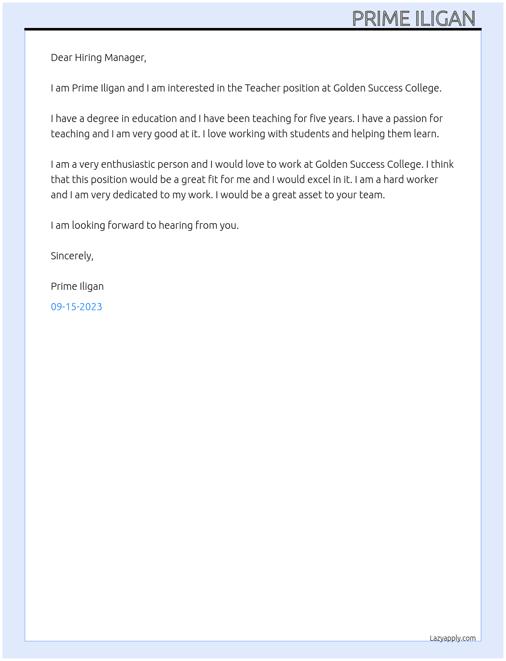 Teacher  At Golden Success College Cover Letter