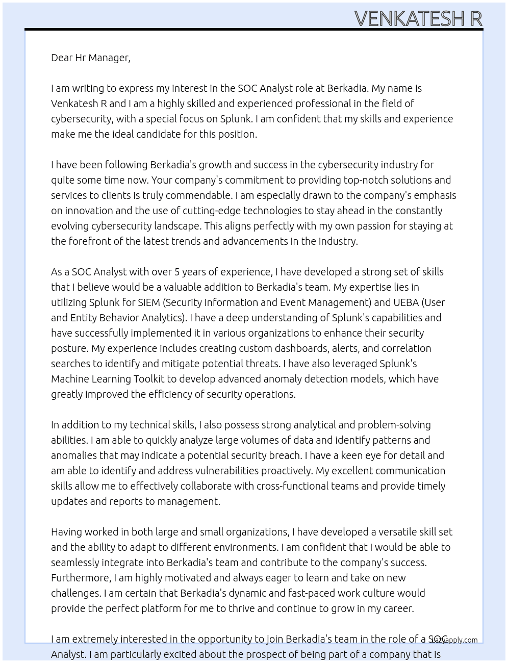 SOC Analyst At Berkadia Cover Letter