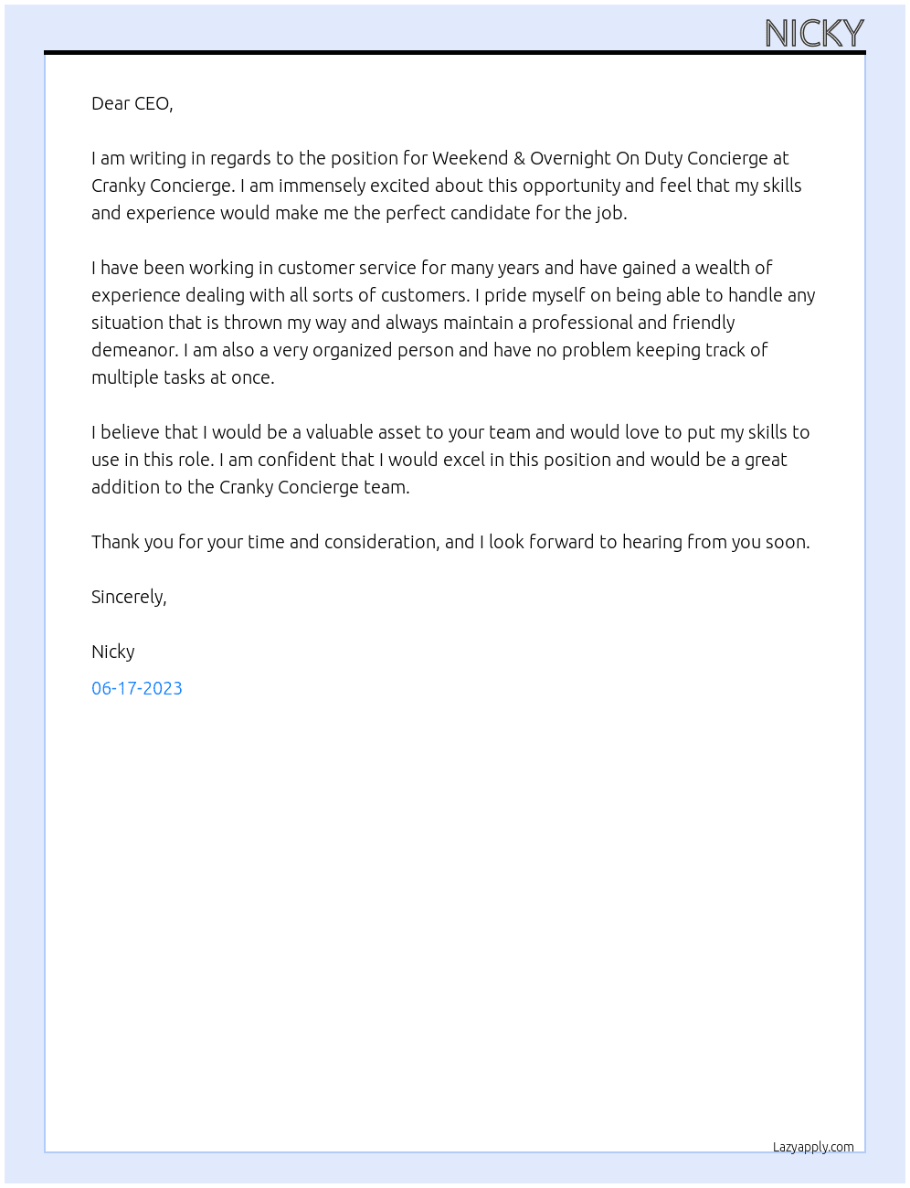 Weekend & Overnight On Duty Concierge At  Cranky Concierge Cover Letter