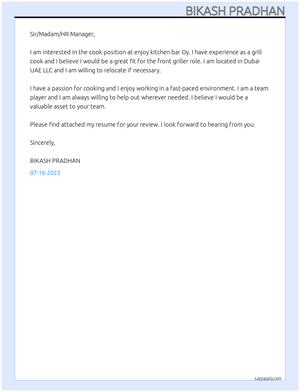 cook At enjoy kitchen bar Oy Cover Letter