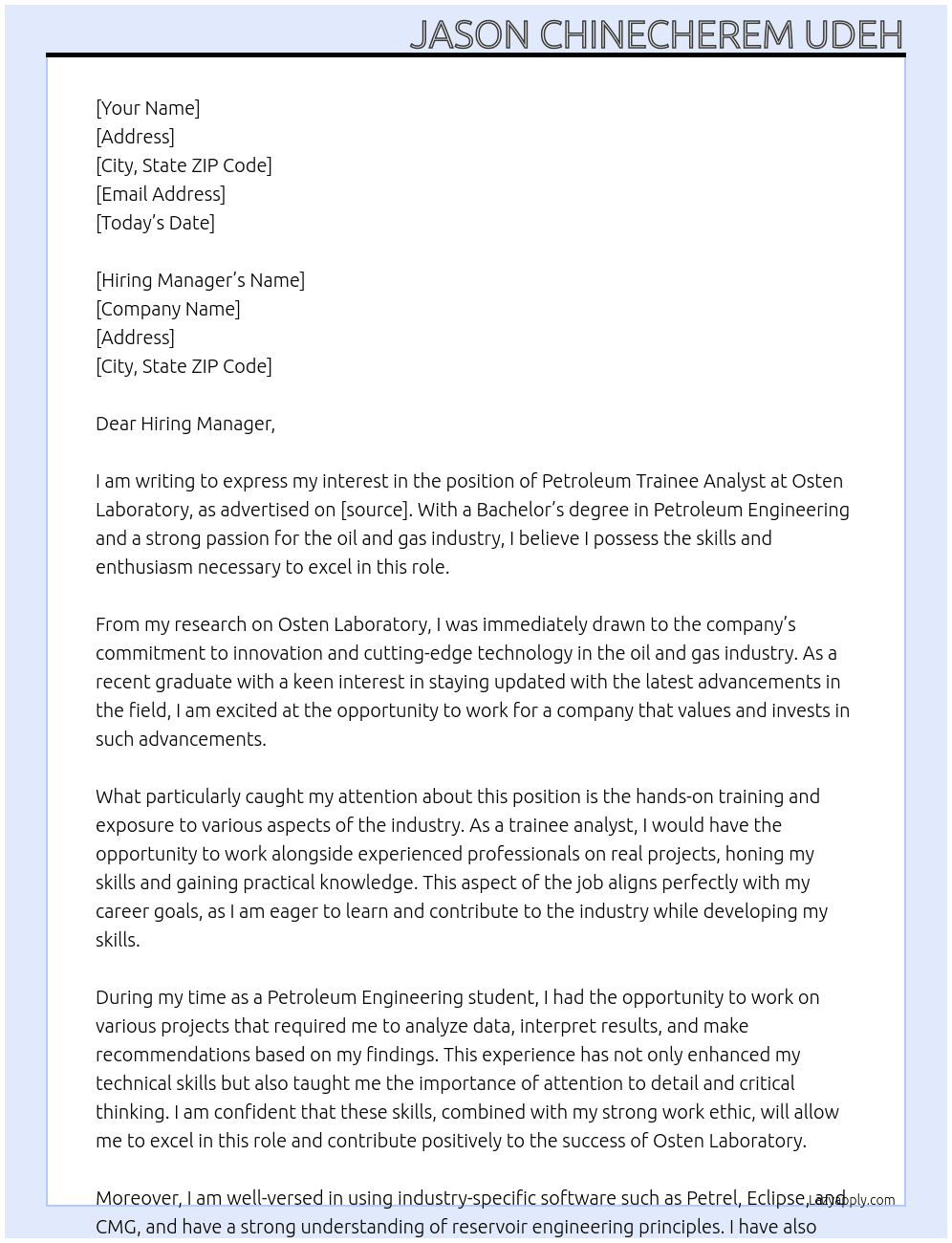 Petroleum Trainee Analyst At Osten Laboratory Cover Letter