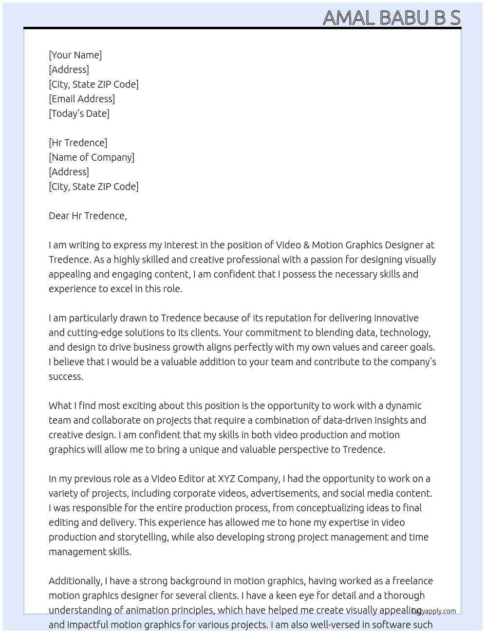 Video & Motion Graphics Designer At Tredence Cover Letter