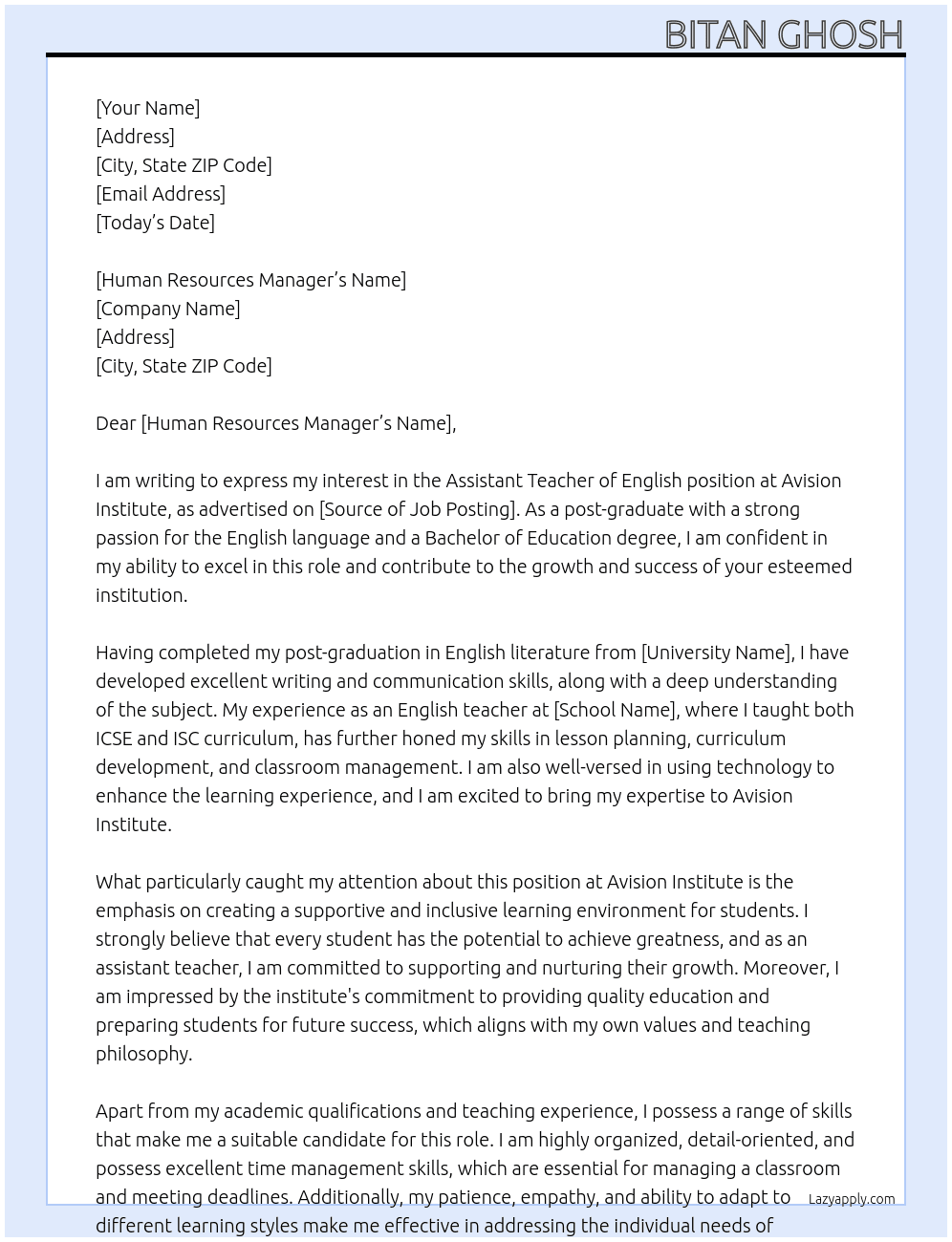 Assistant Teacher of English At Avision Institute Cover Letter