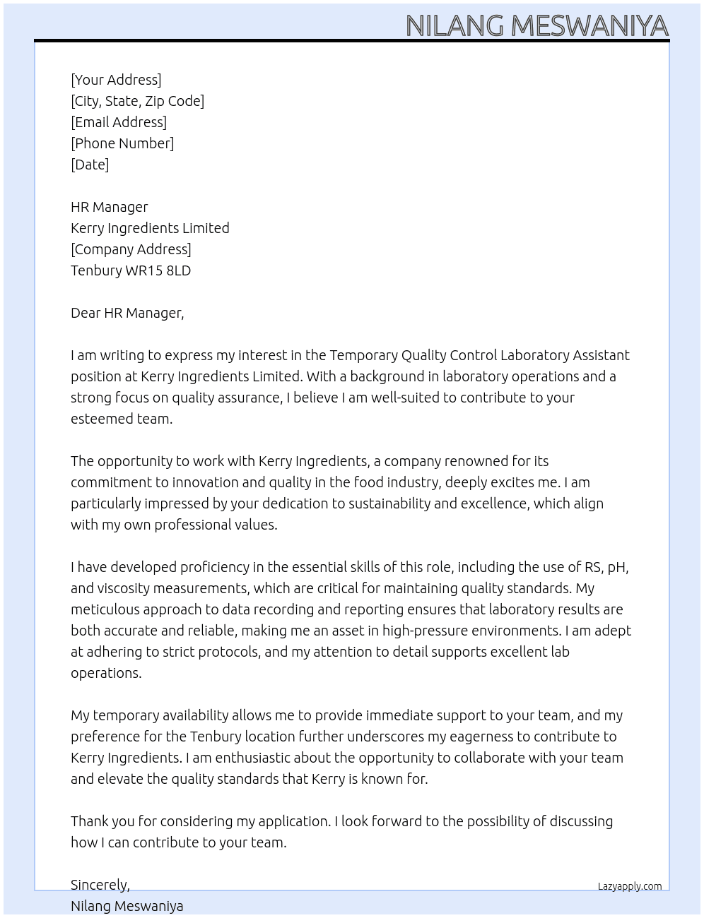 Cover letter for temporary quality control laboratory assistant - LazyApply