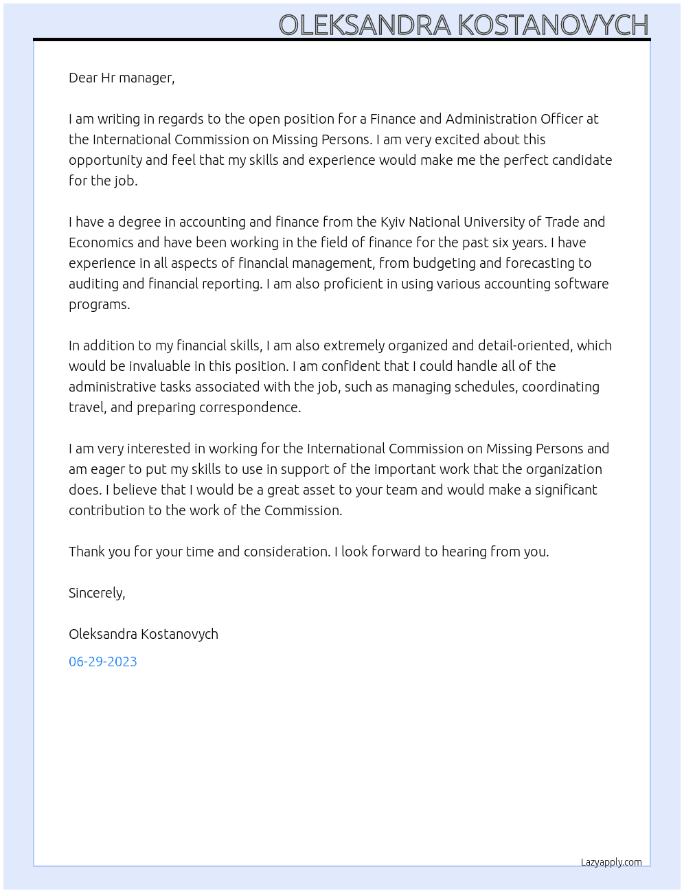 Finance and Administration Officer At International Commission on Missing Persons Cover Letter