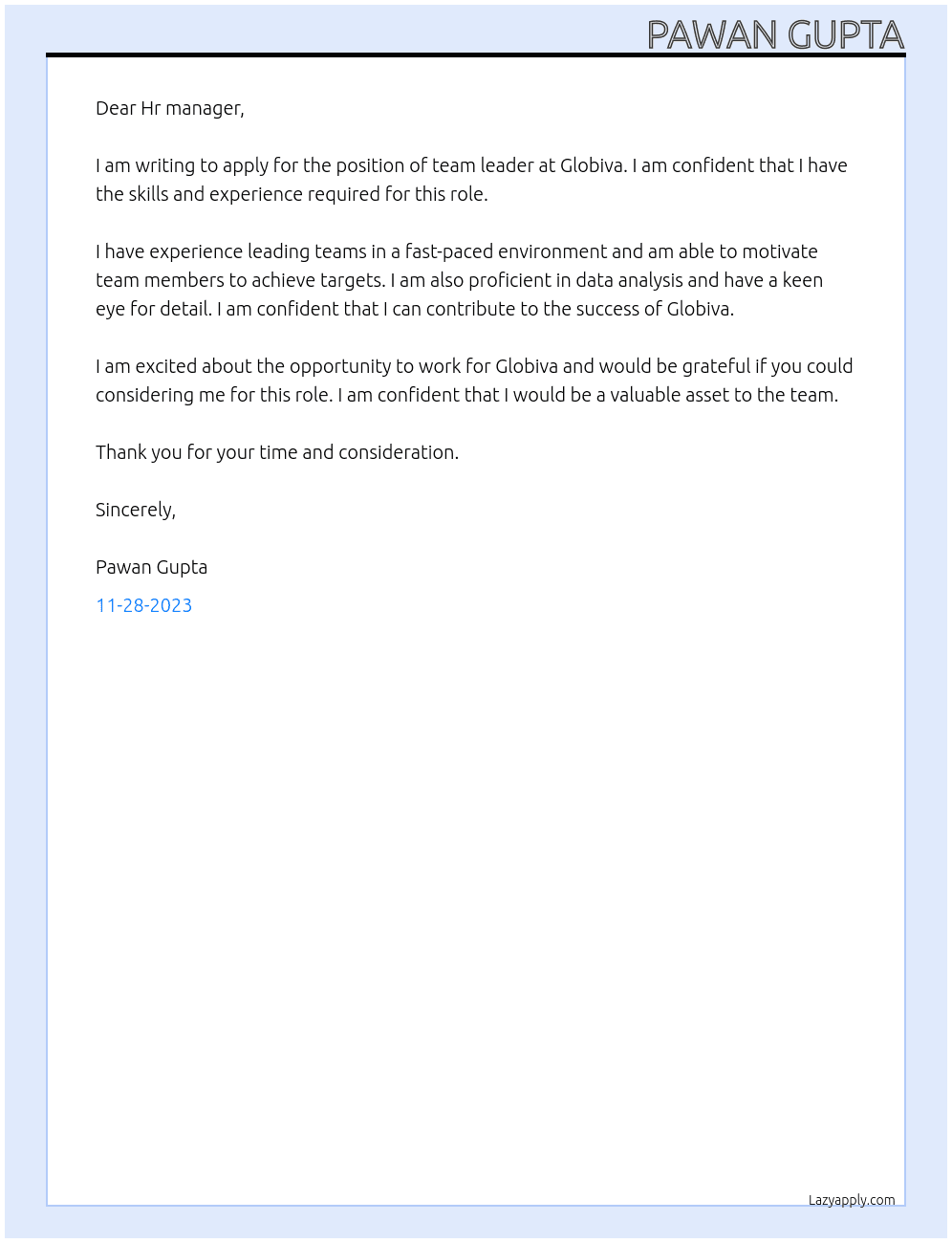 Team leader  At Globiva  Cover Letter