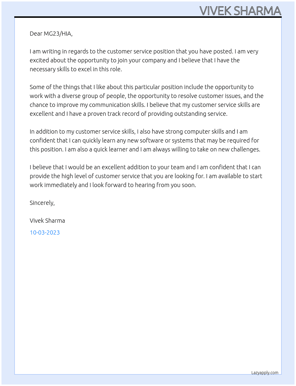 customer service At MG23/HIA Cover Letter