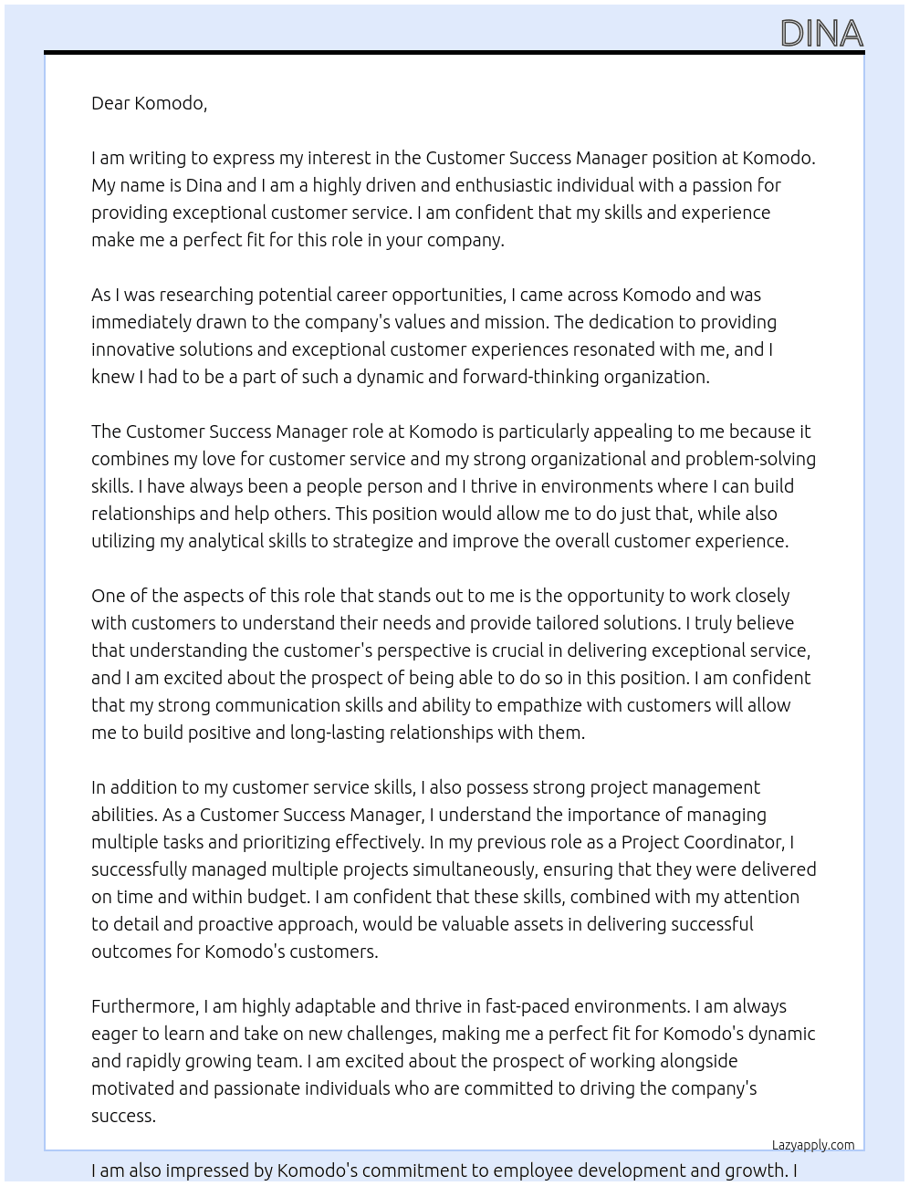 Customer Success Manager At Komodo Cover Letter