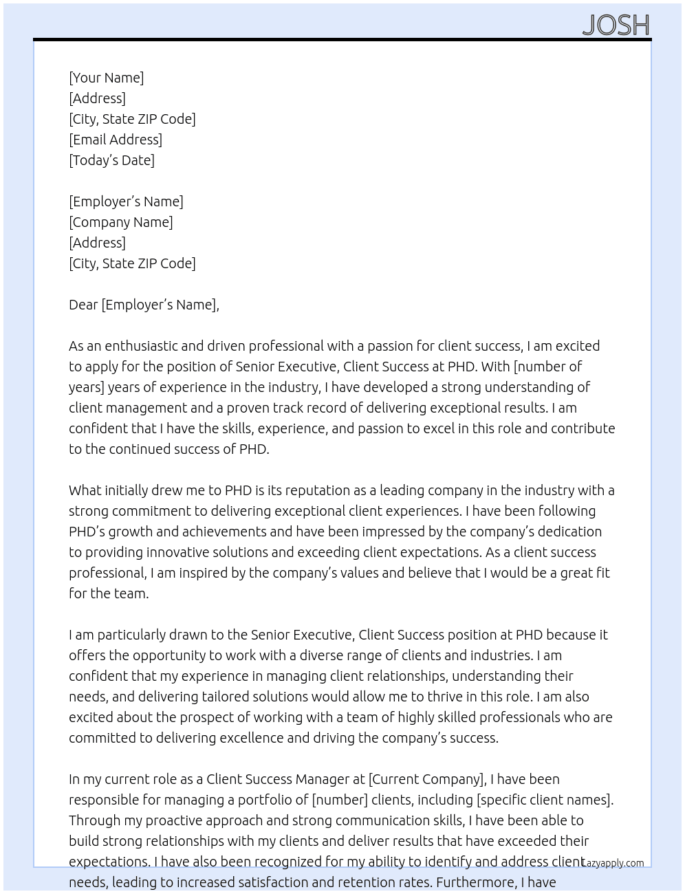 Senior Executive, Client Success At PHD Cover Letter