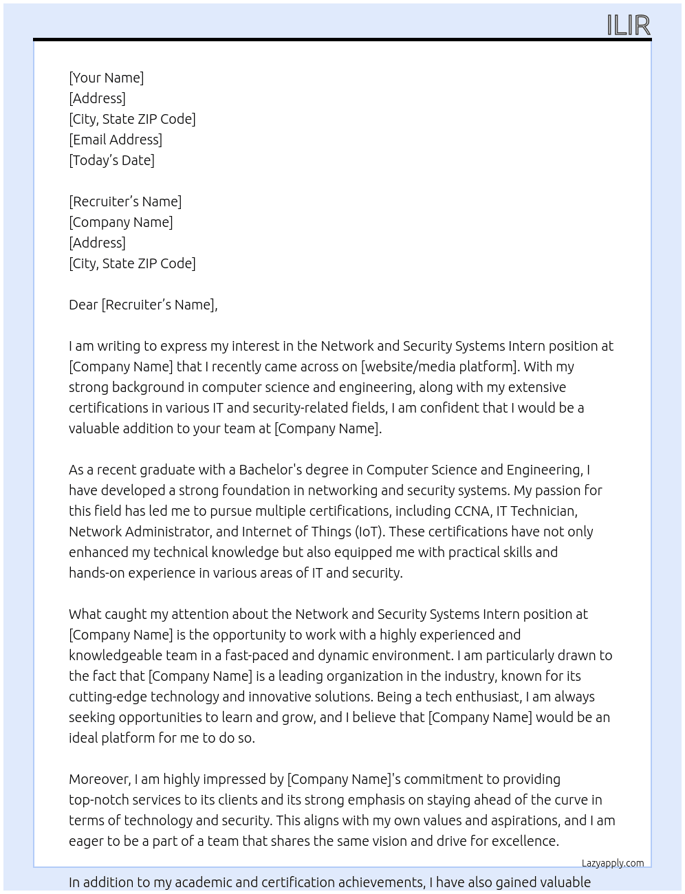 Cover letter for network and security systems intern - LazyApply
