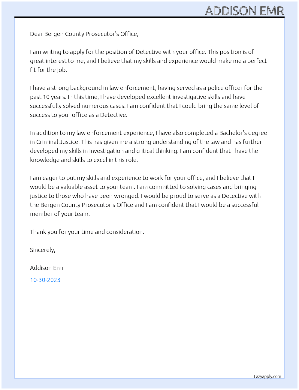 Detective At Bergen County Prosecutor's Office Cover Letter